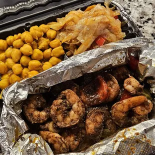 Jerk shrimp with curry chickpeas and cabbages (my picky eater loved it)