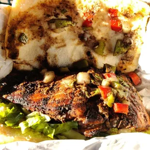 Jerk salmon sandwich on cocoa bread