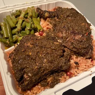 Jerk Chicken, Rice and Peas, and Green Beans