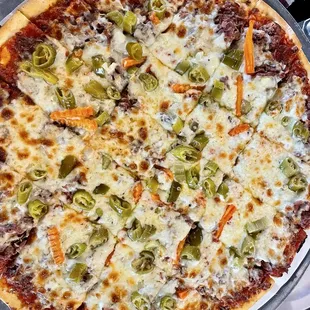 Italian beef pizza w/hot giardineira!! Unique &amp; delicious!!