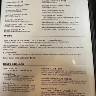 Appetizers &amp; Salads menu...didn't get a photo but the Antipasto salad was great!