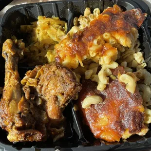 Stew chicken, cabbage, macaroni and cheese.