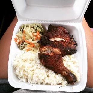 Jerk chicken with mild sauce , rice , &amp; cabbage . Amazing !