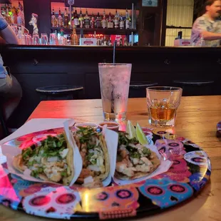 Chicken tacos and a shot of Roe&amp;Co. Whiskey