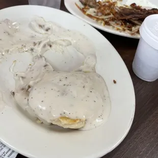 Biscuits and gravy, what's left of a full order.