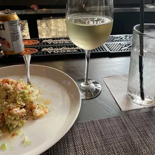 Salmon Tower (I had the server mix it for me)  and a lovely glass of Pinot Grigio!