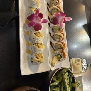 Sunny Roll and Cajun Roll and Garlic Spicy Edamame