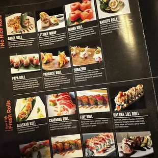 sushi and sashimi, menu