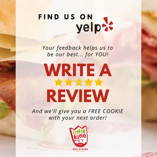 a sandwich with the words write a review and give you a free cookie with your next order
