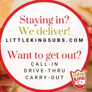 a close up of a sandwich with the words staying in? we deliver