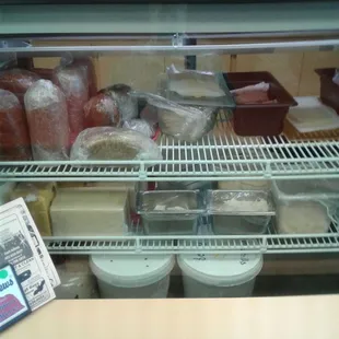 a display case filled with food