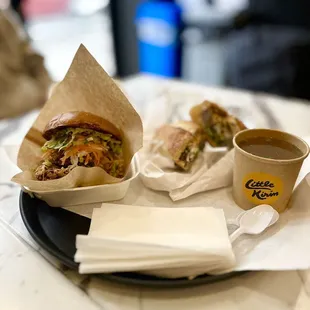 Crispy Fried Chicken Sandwich and Pho Short Rib Sandwich with Pho Broth