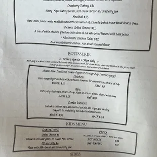 Menu - back side (sandwiches, rotisserie, kids menu, sides)