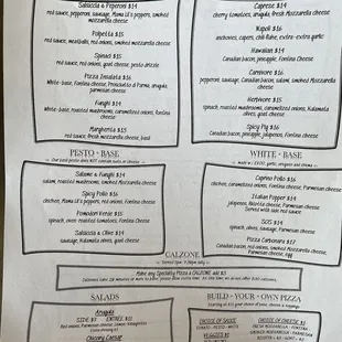 Menu - front side (pizza, calzone, salads). First visit? Try a Herbivore, add a swirl of pesto.