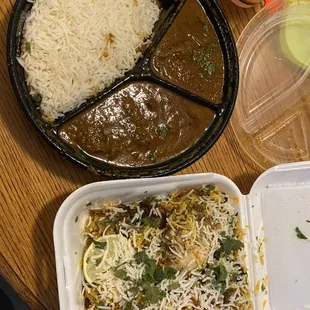 Chicken biryani on the right, cooked to perfection   lamb curry on the left, the lamb was tender and flavorful