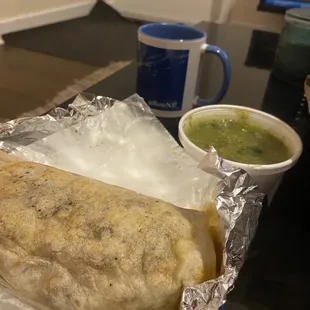 Chorizo burrito and green salsa