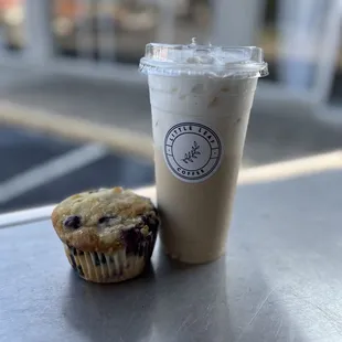 a cup of iced coffee and a muffin