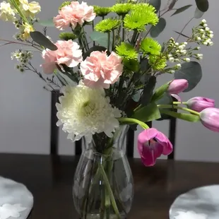 The arrangement I put together from her flowers.