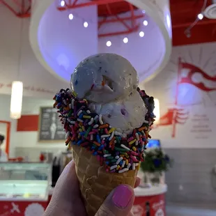 a hand holding an ice cream cone with sprinkles