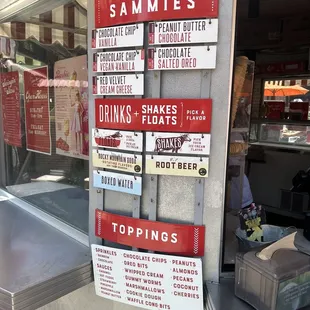 Ice cream sandwiches, shakes, floats, and toppings