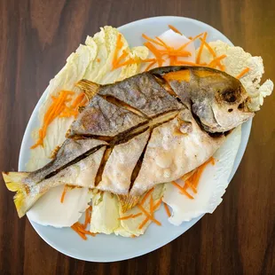 a fish on a bed of lettuce and carrots