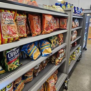 shelves of chips and snacks