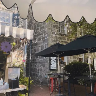 tables and umbrellas outside