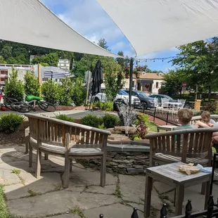 Outdoor seating by the little pond