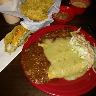 Mr. Mexican dinner, The cream sauce on those three beef enchiladas is to die for. There is a tamale smothered under their chili