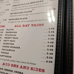 Taco menu