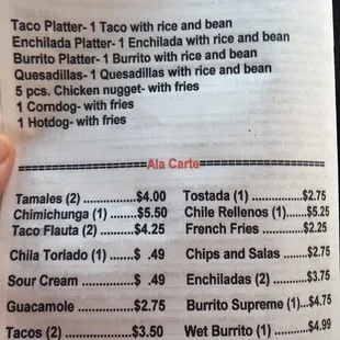 a menu for children's menu