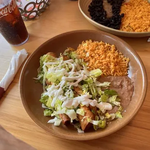 Fried Chimichanga with rice ans beans