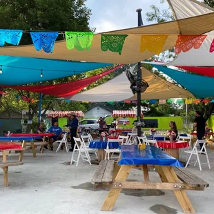 tables and umbrellas in a park