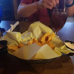 Chips &amp; Two Dips - Salsa &amp; Cheese- We enjoyed (probably too much) 1st two complementary- after that a couple bucks