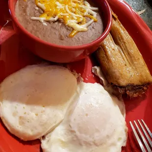 Tamale, eggs &amp; beans