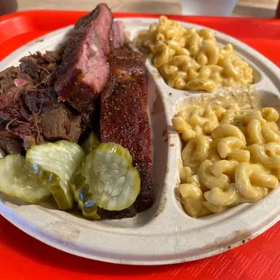 Two meat plate with double Mac and cheese