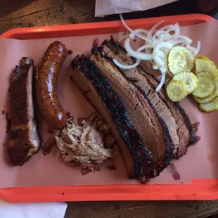 Ribs, sausage, pulled pork, and brisket.