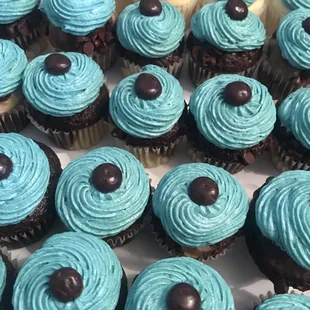 SJ Sharks inspired cupcakes with tinted vanilla buttercream and a mini Junior Mint puck!