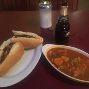 a hot dog and a bowl of soup