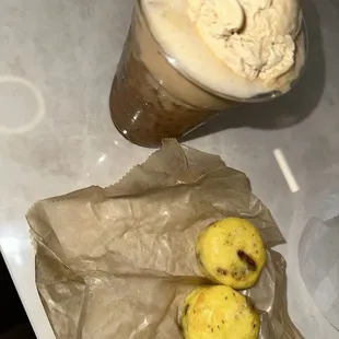 Super tasty custom iced shaken espresso with oat milk and a salted caramel gelato floater to top.   And cheese and bacon egg bites