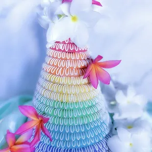 Rainbow Kransekake with Fresh Plumeria Blooms