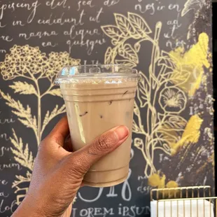 Iced chai latte with oat milk and honey