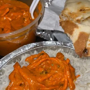 Butter chicken, basmati rice, garlic naan.