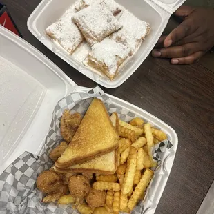 Hushpuppies, Shrimp Basket, New Orleans Beignets