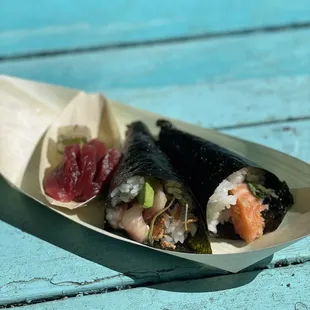 ig: @whatsviveating  | blue fin tuna sashimi, hama toro temaki, and sake toro temaki