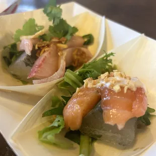 Salmon Toro and Hamachi Toro. The yuzu cream and whisky ponzu really compliment the sashimi.