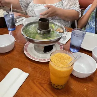 Thai ice tea, white rice and seven seas soup