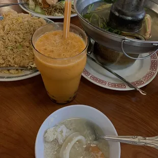 Shrimp fried rice, Thai iced tea with boba, 7 seas soup, shrimp chow mein