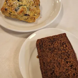 Banana tea loaf and blueberry scone