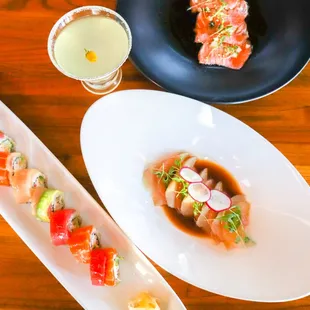 Seared Salmon sashimi, Jalapeno Hamachi sashimi, Rainbow Roll